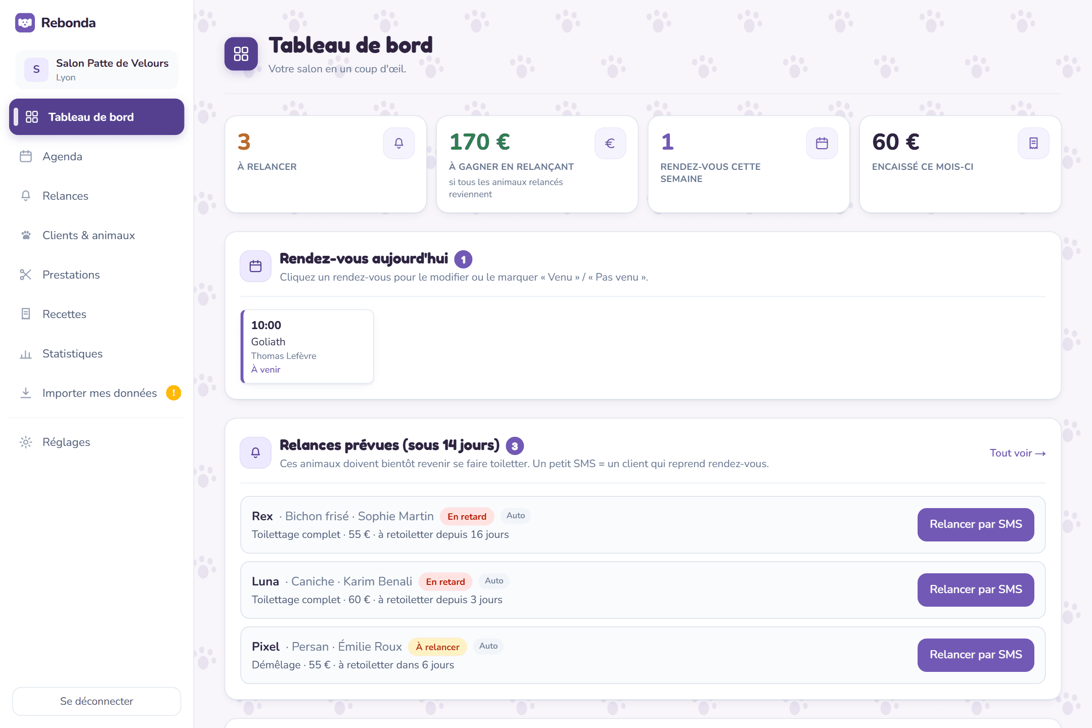 L'application Rebonda : tableau de bord avec relances, rendez-vous du jour et tous les onglets